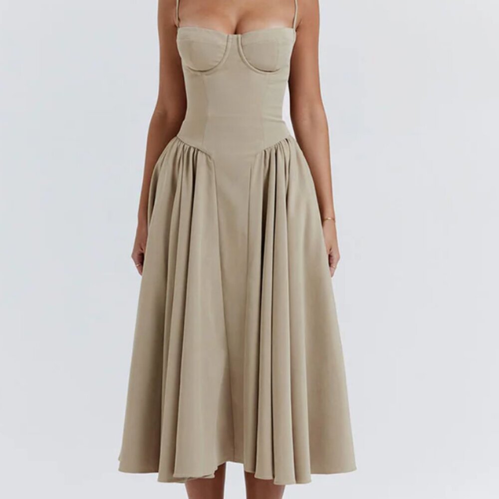 Sexy Demi Neck Drop Waist Fit and Flare Midi Cami Sundress